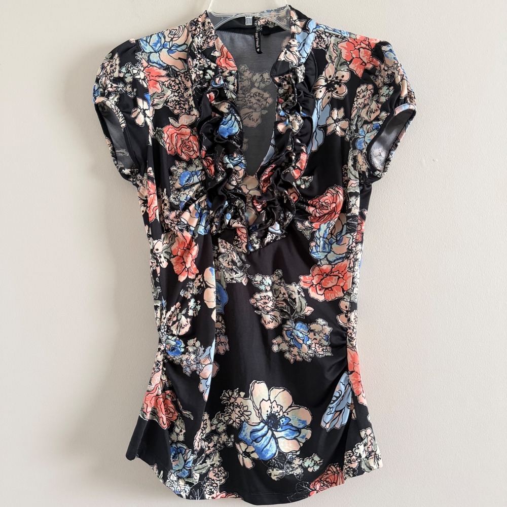 VTG Y2K Heartsoul Whimsigoth Black Floral Ruffle V-Neck Ruched Top sz Small
